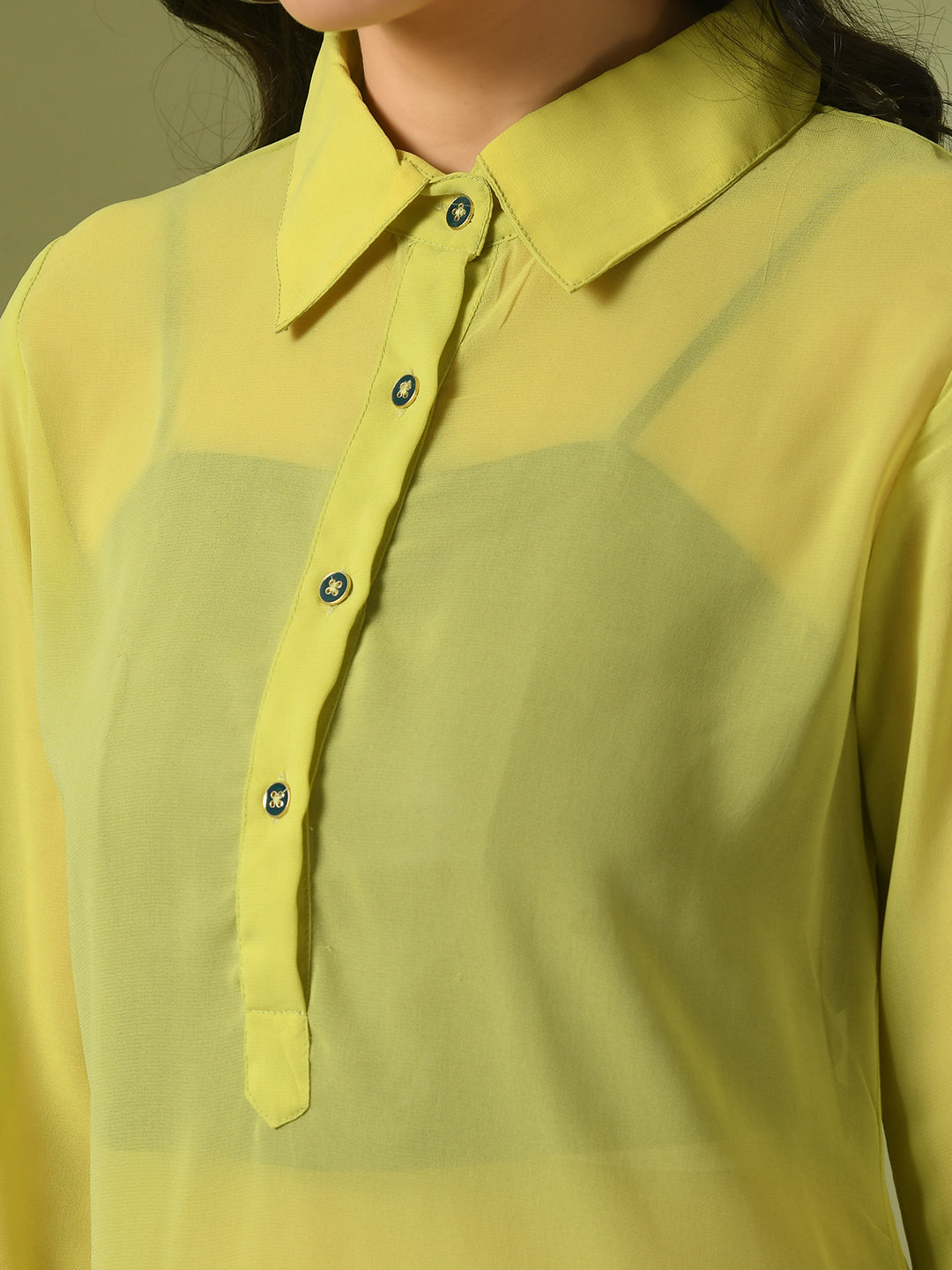 Women's  Yellow Solid Georgette Longline Party Sheer Tunic  - Myshka