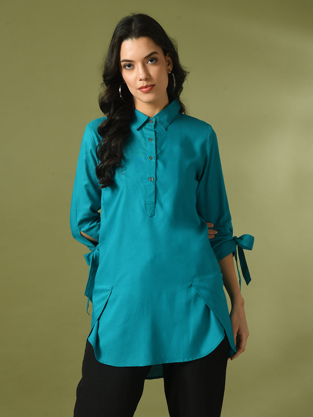 Women's  Turquoise Blue Solid Cotton Longline Party Sheer Tunic  - Myshka