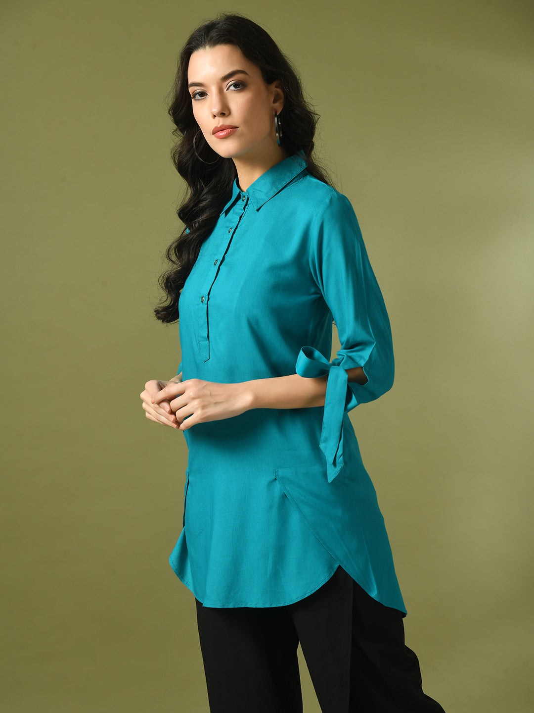 Women's  Turquoise Blue Solid Cotton Longline Party Sheer Tunic  - Myshka
