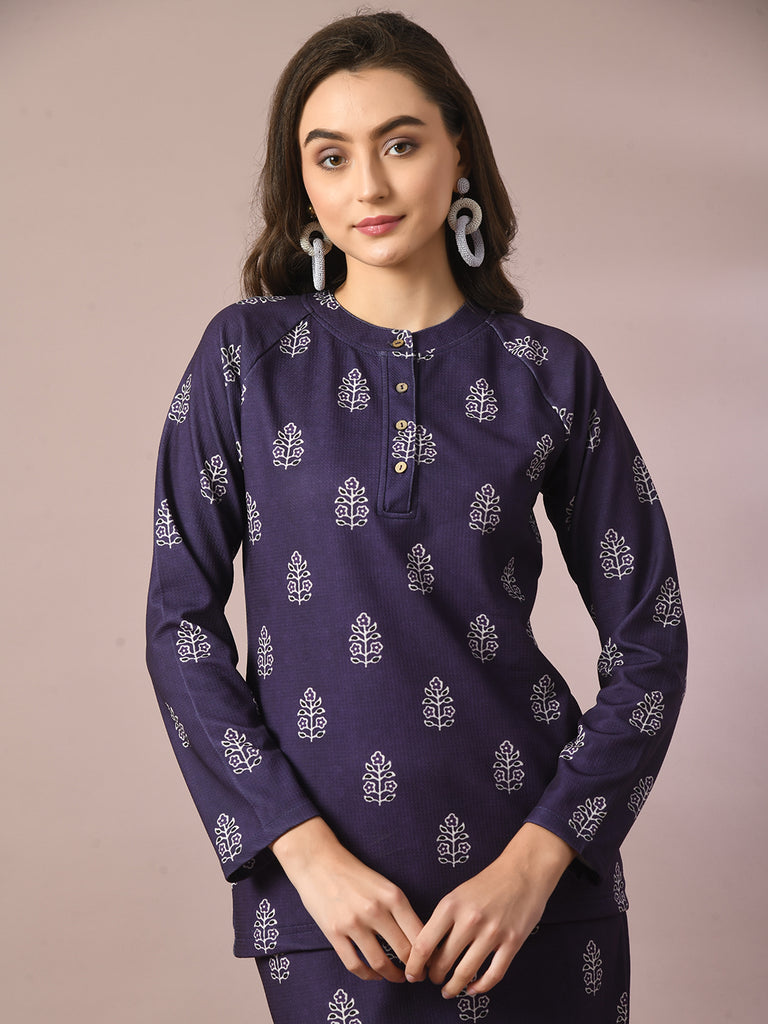 Women's  Navy Blue Embellished Raglan Sleeve Party Top