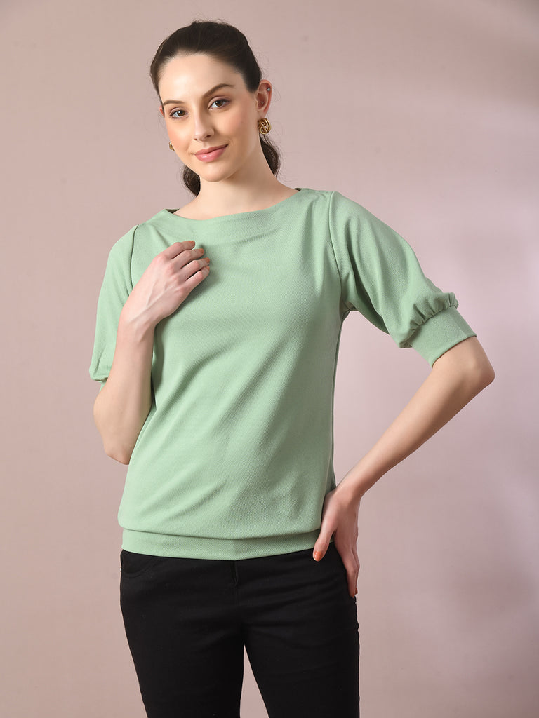 Women's  Sea Green Solid Boat Neck Party Top