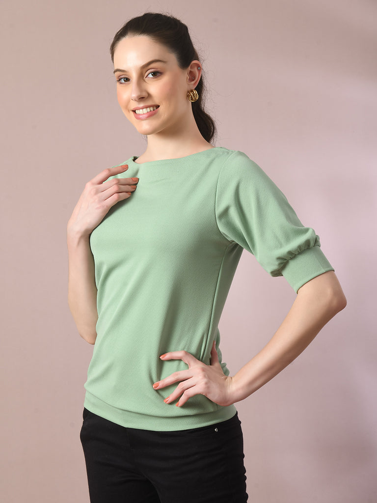 Women's  Sea Green Solid Boat Neck Party Top