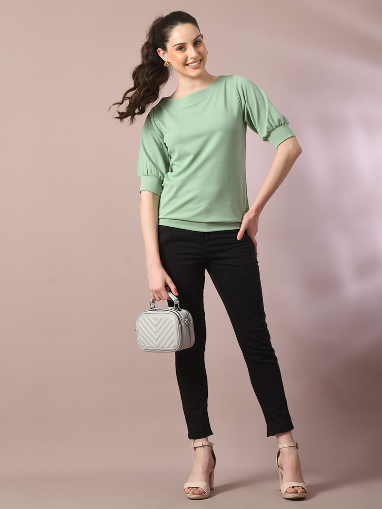 Women's  Sea Green Solid Boat Neck Party Top