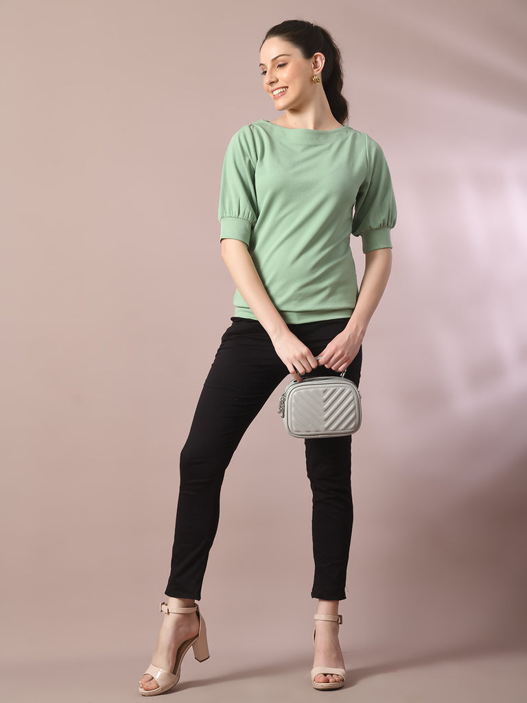 Women's  Sea Green Solid Boat Neck Party Top