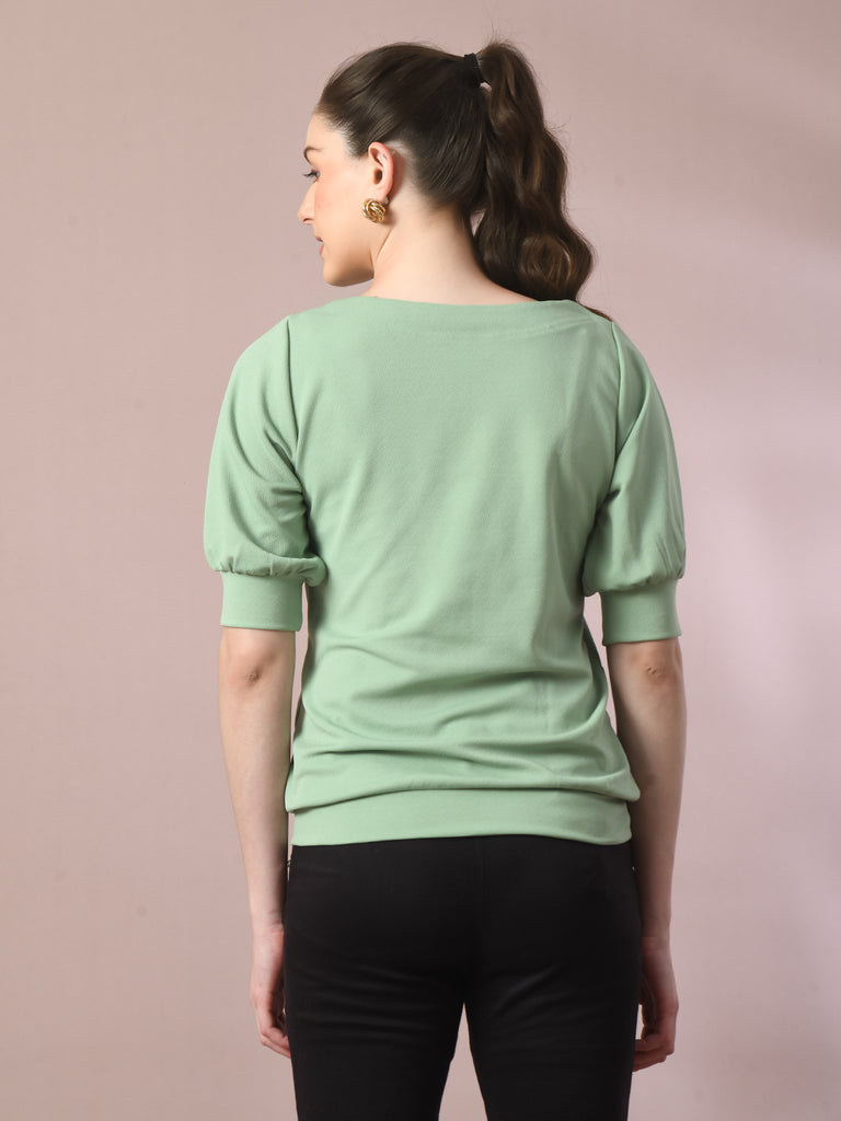 Women's  Sea Green Solid Boat Neck Party Top