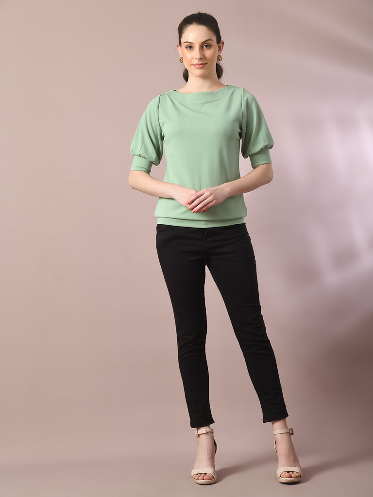 Women's  Sea Green Solid Boat Neck Party Top