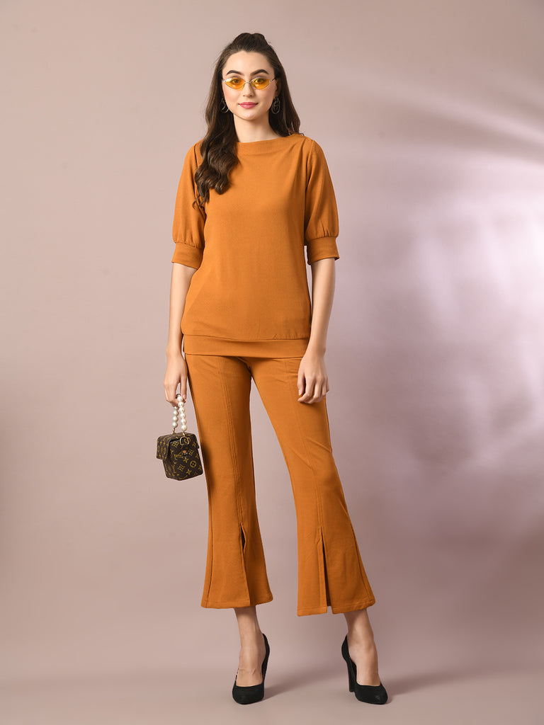 Women's  Mustard Solid Boat Neck Party Top