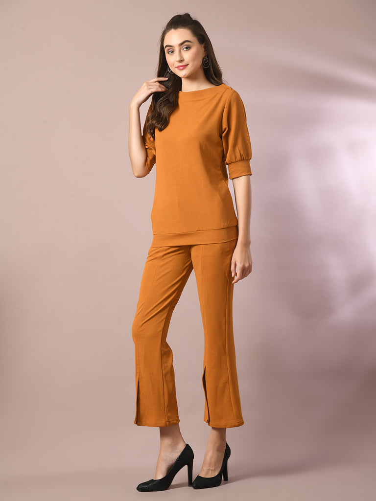Women's  Mustard Solid Boat Neck Party Top