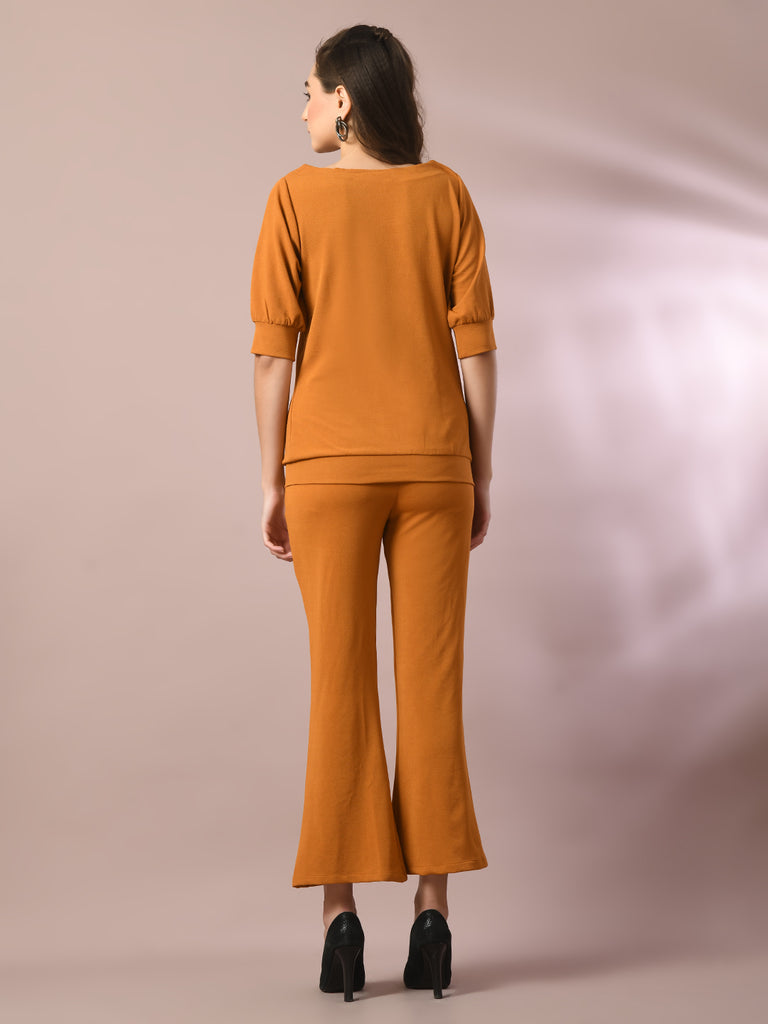Women's  Mustard Solid Boat Neck Party Top