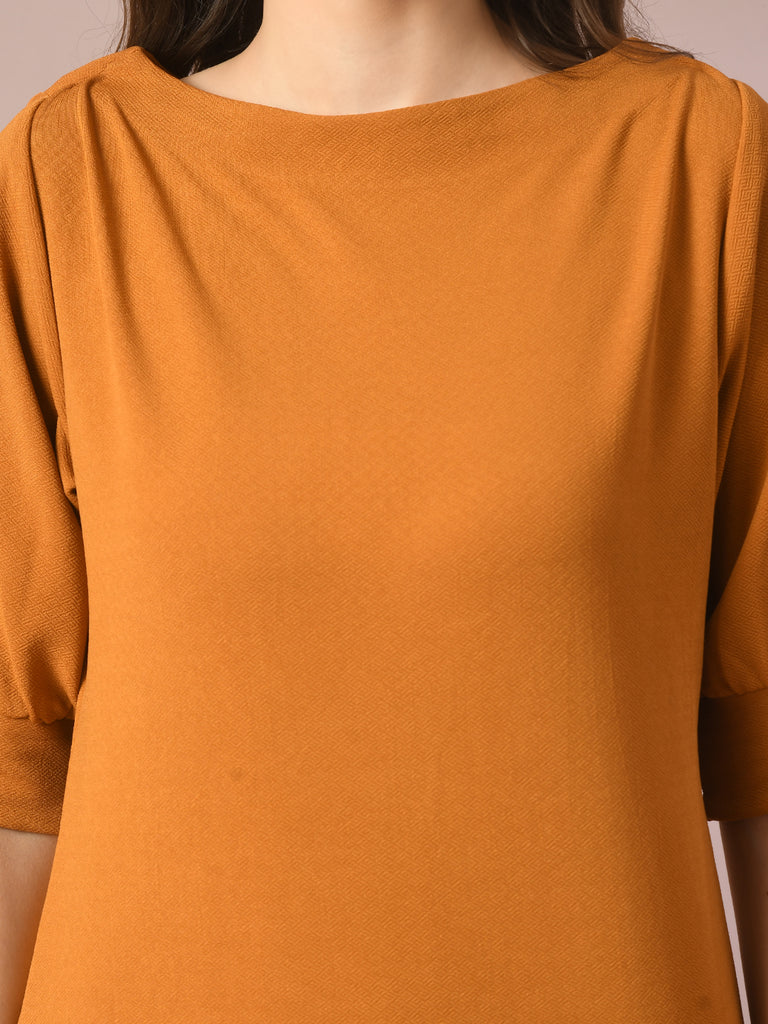 Women's  Mustard Solid Boat Neck Party Top