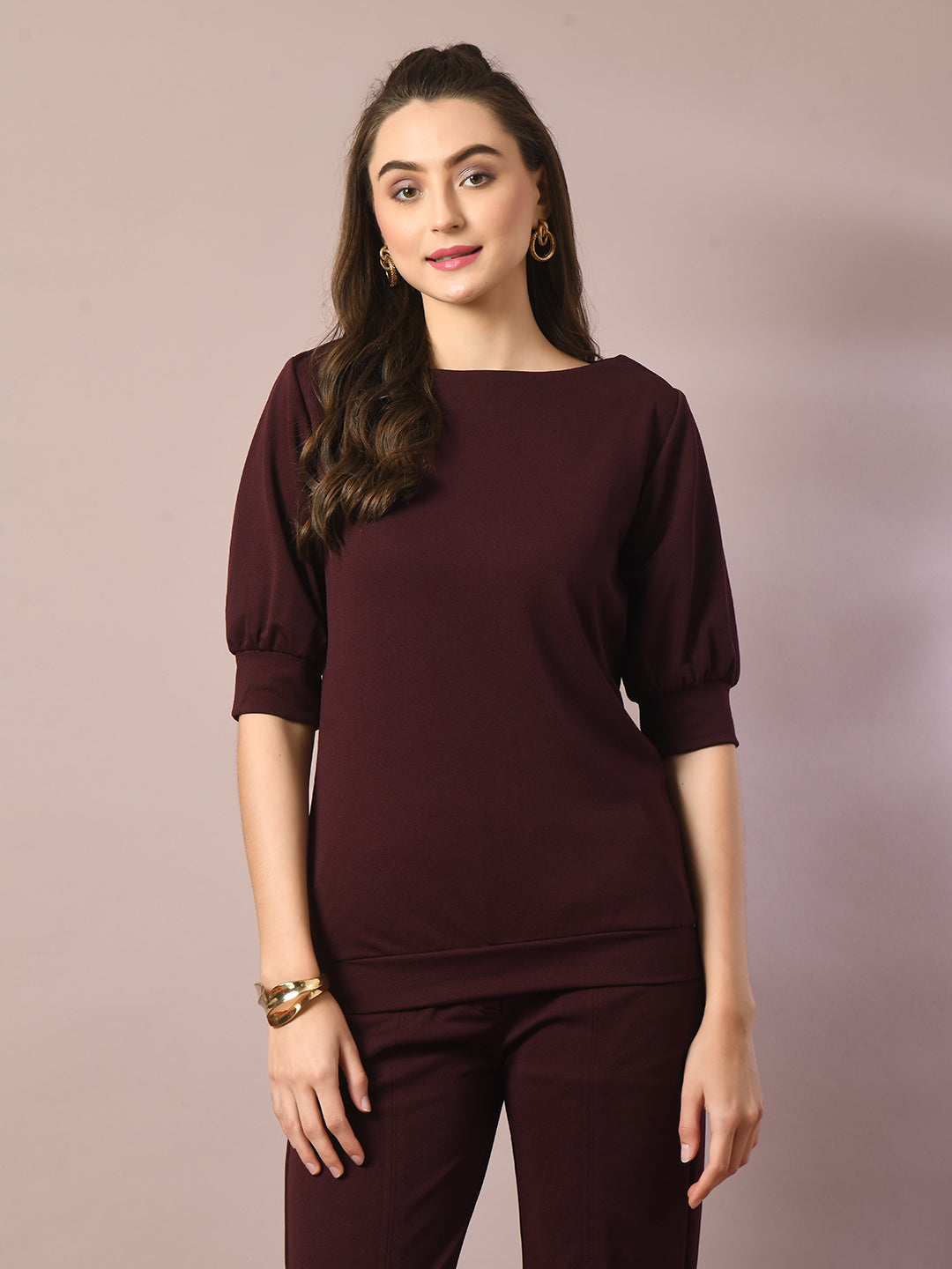 Women's  Coffee Brown Solid Boat Neck Party Top  - Myshka
