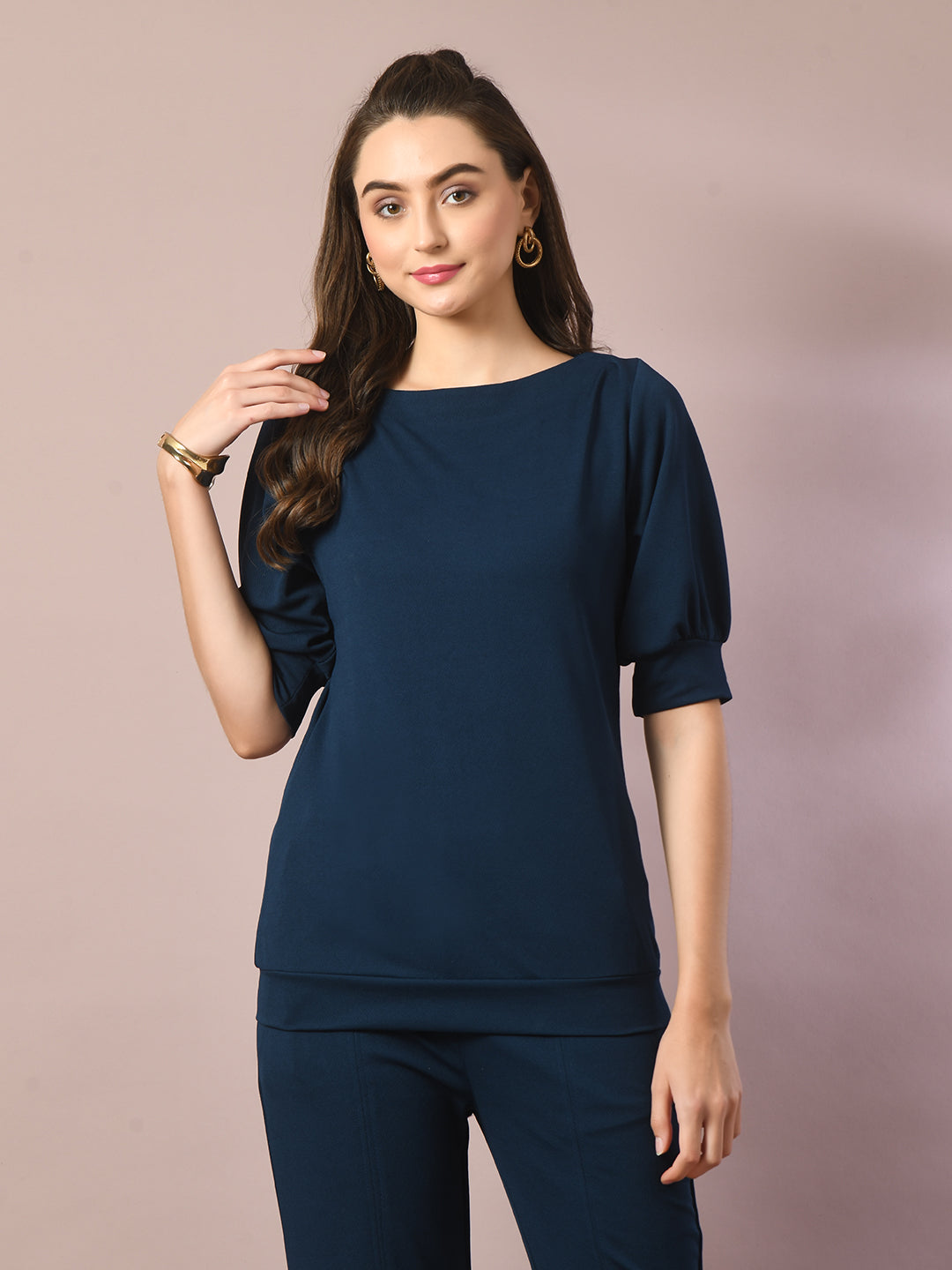 Women's  Blue Solid Boat Neck Party Top  - Myshka