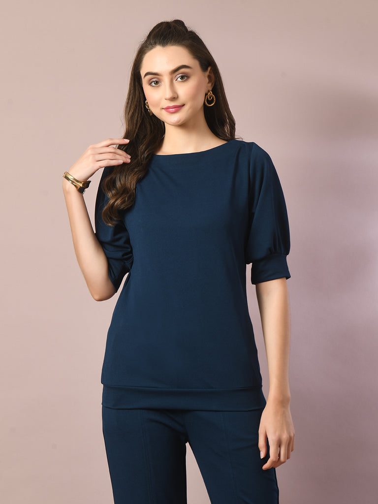 Women's  Blue Solid Boat Neck Party Top
