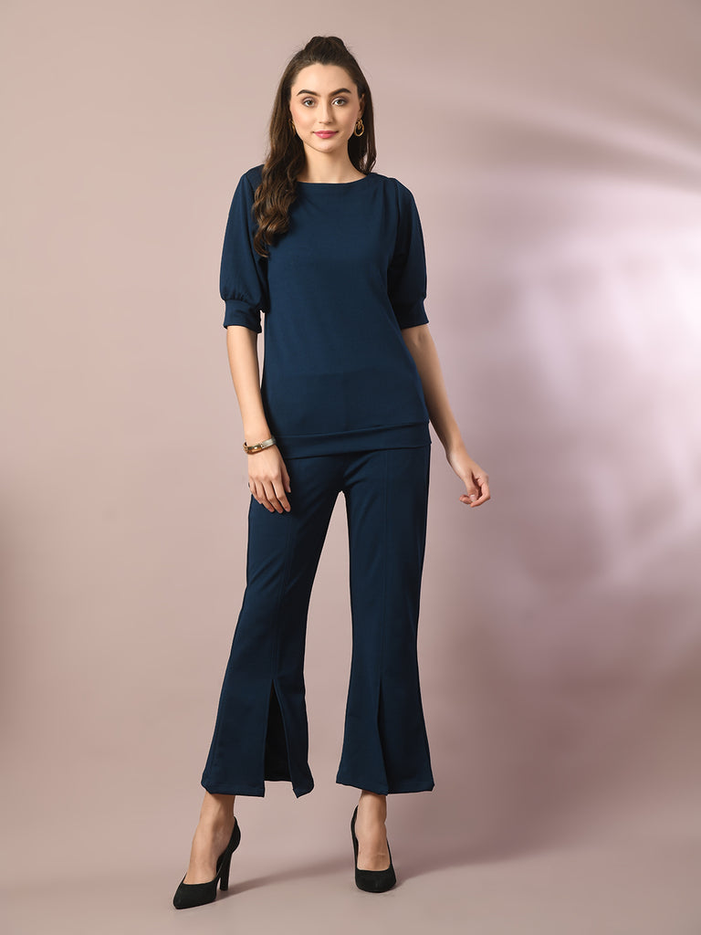 Women's  Blue Solid Boat Neck Party Top