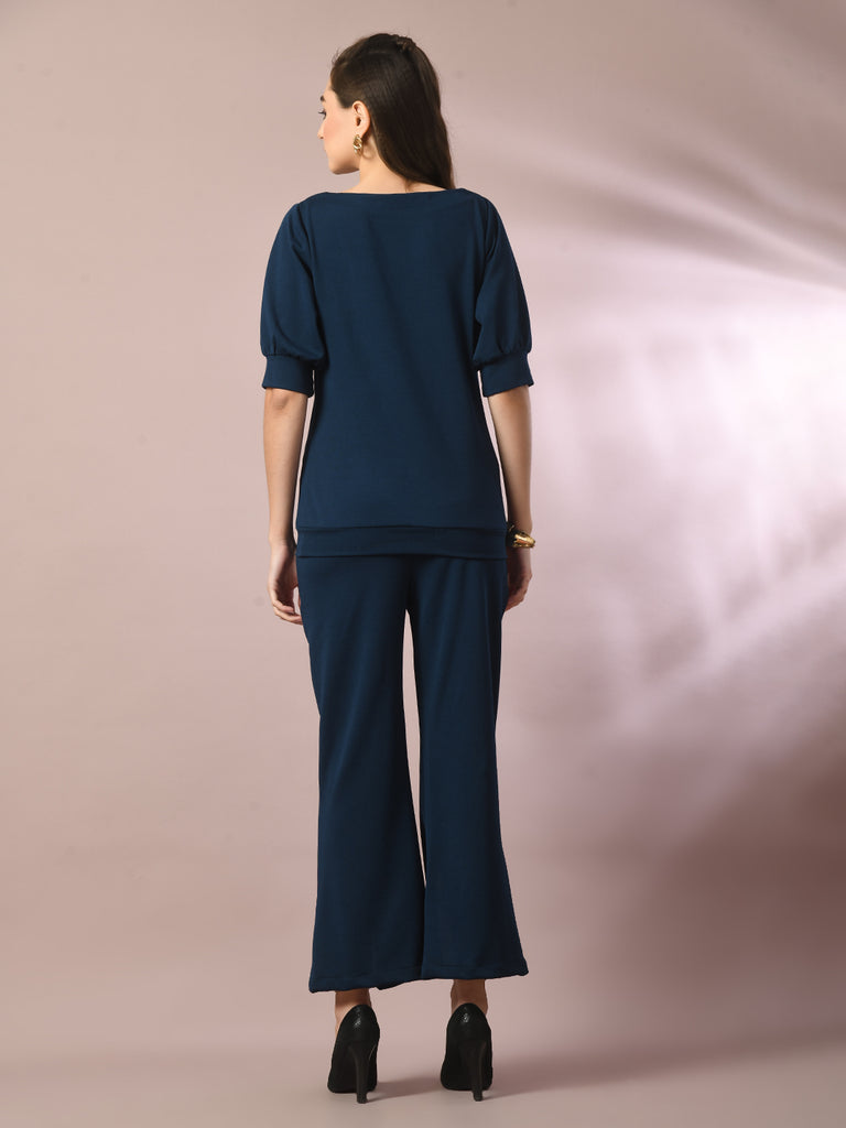 Women's  Blue Solid Boat Neck Party Top