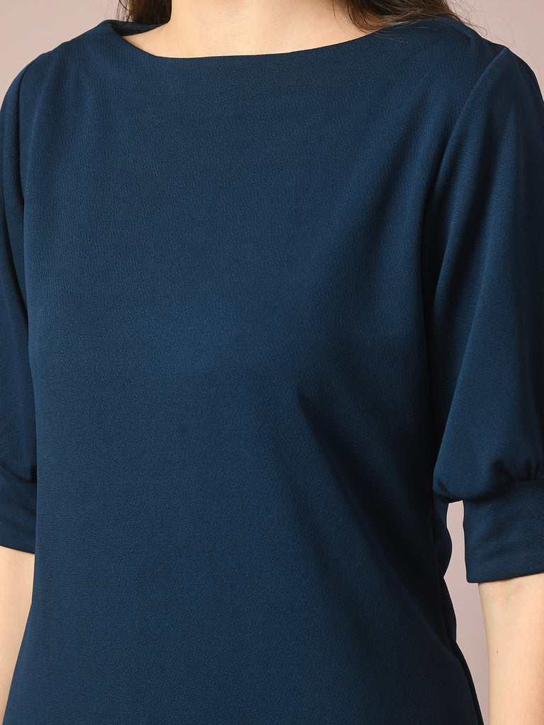 Women's  Blue Solid Boat Neck Party Top
