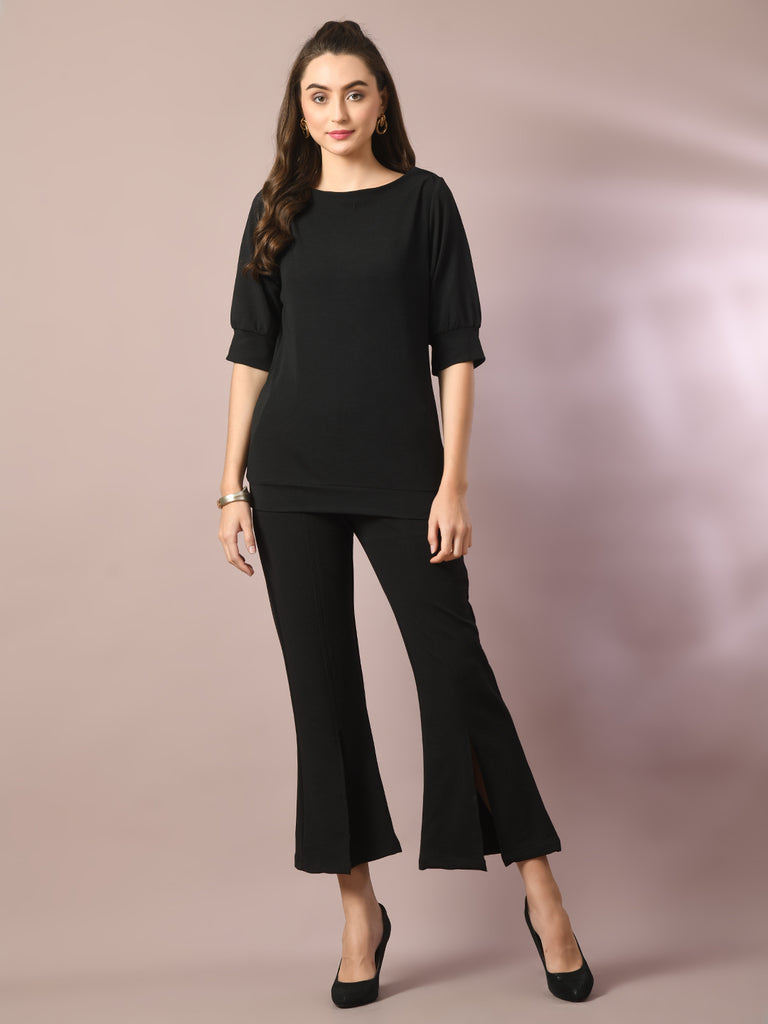 Women's  Black Solid Boat Neck Party Top