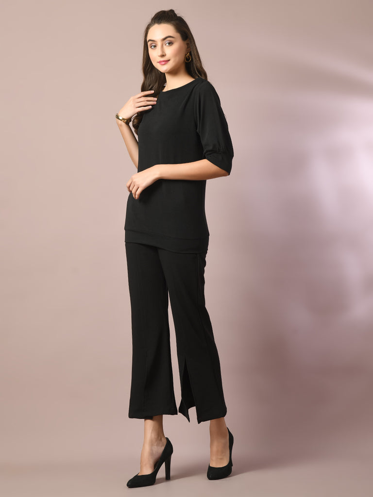 Women's  Black Solid Boat Neck Party Top