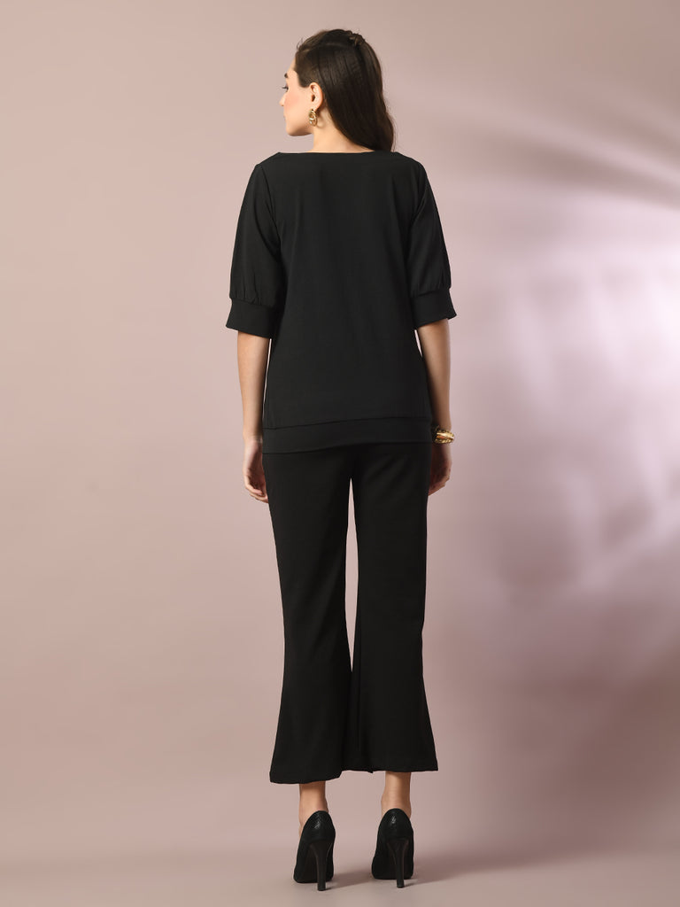 Women's  Black Solid Boat Neck Party Top