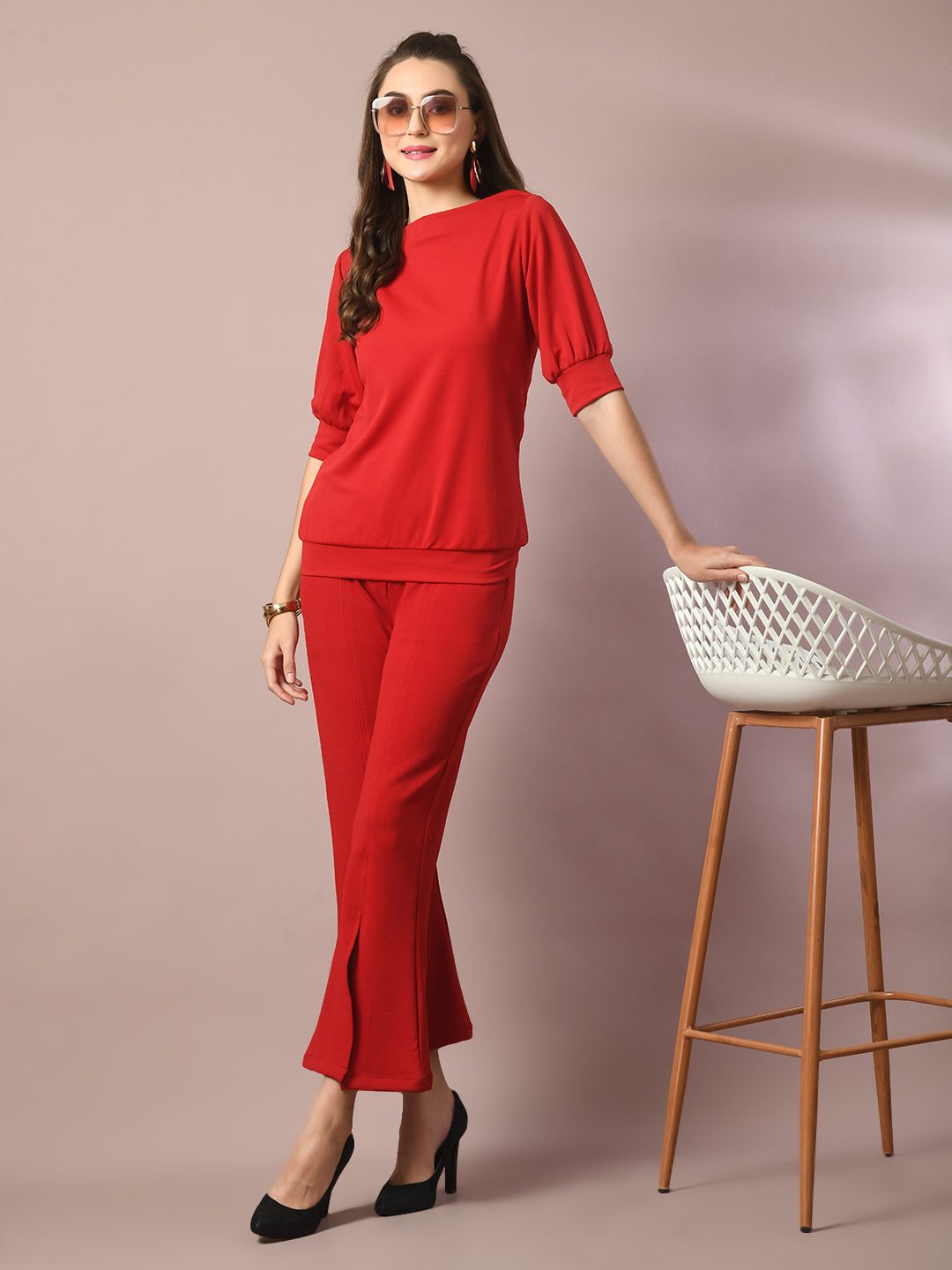 Women's  Red Solid Boat Neck Party Top  - Myshka