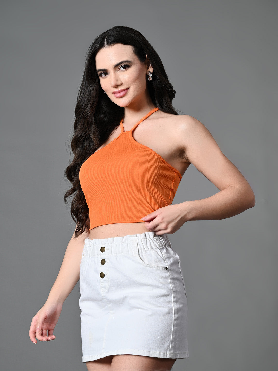 Women's Orange Ribbed Solid Casual Top - Myshka