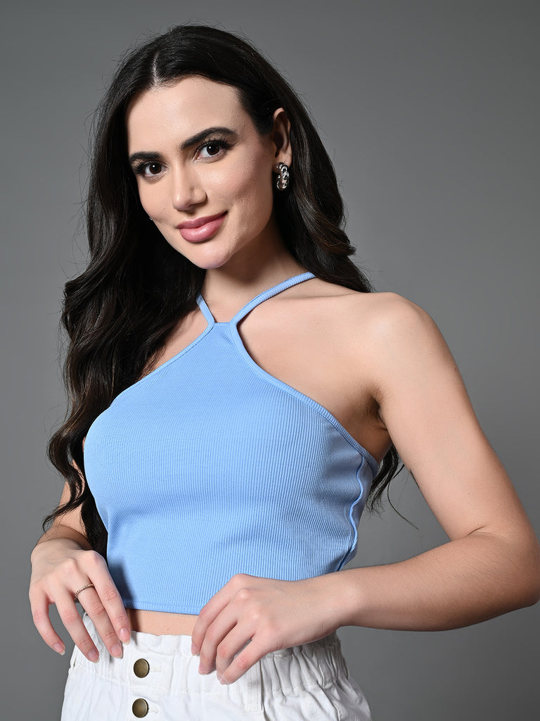 Women's Blue Ribbed Solid Casual Top