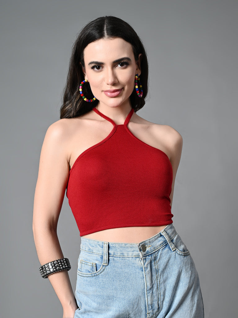 Women's Maroon Ribbed Solid Casual Top