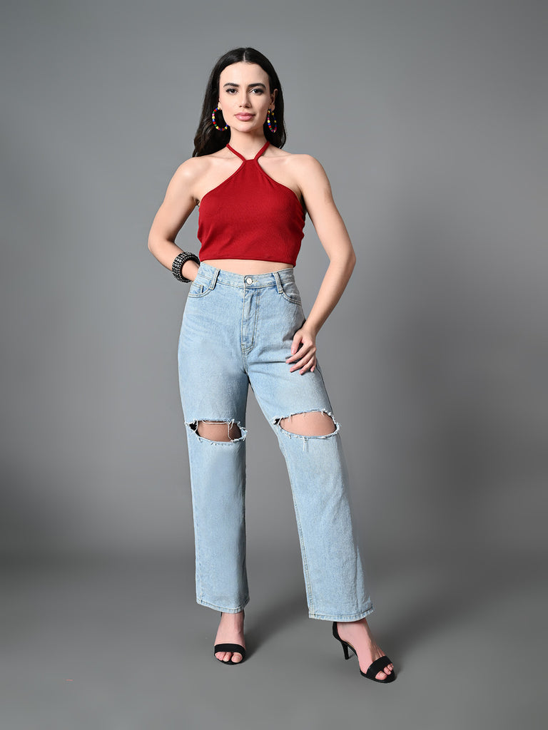 Women's Maroon Ribbed Solid Casual Top