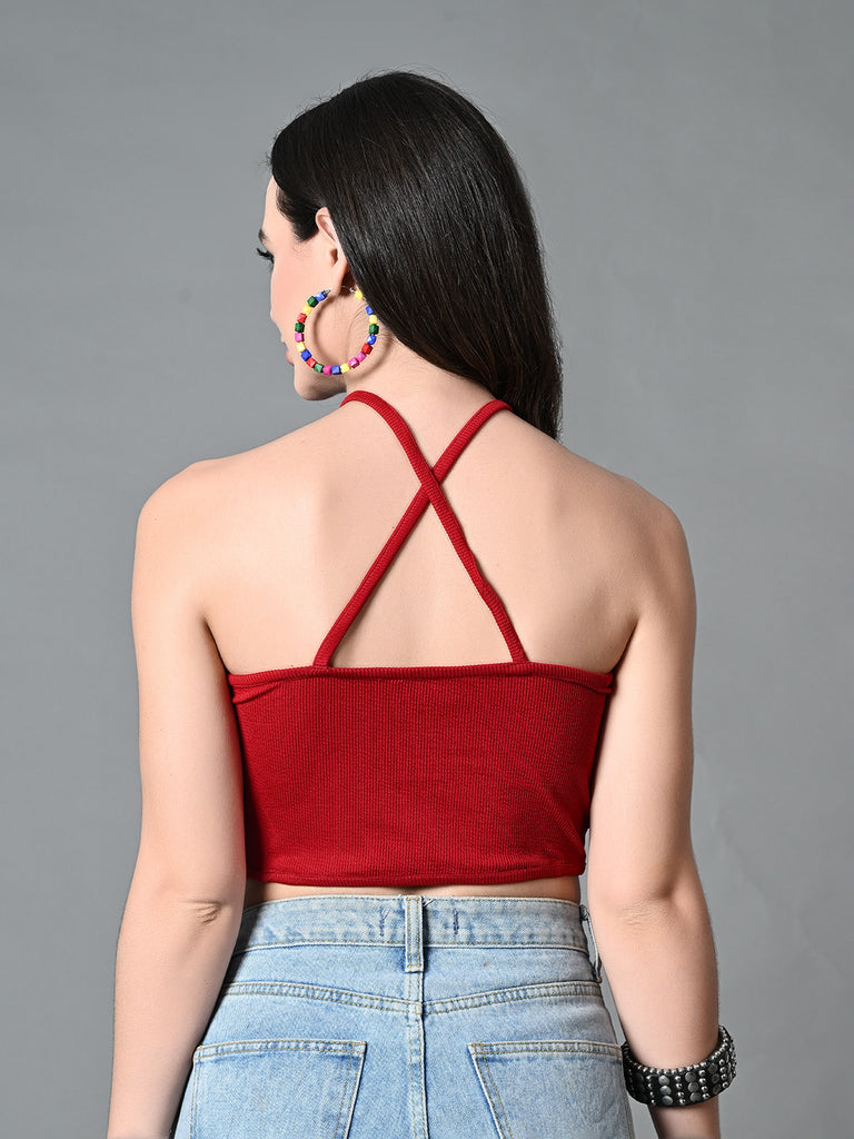 Women's Maroon Ribbed Solid Casual Top