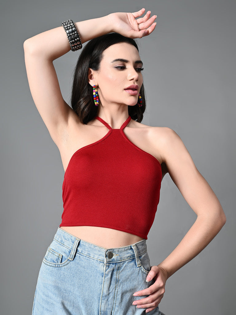 Women's Maroon Ribbed Solid Casual Top