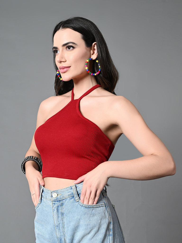 Women's Maroon Ribbed Solid Casual Top