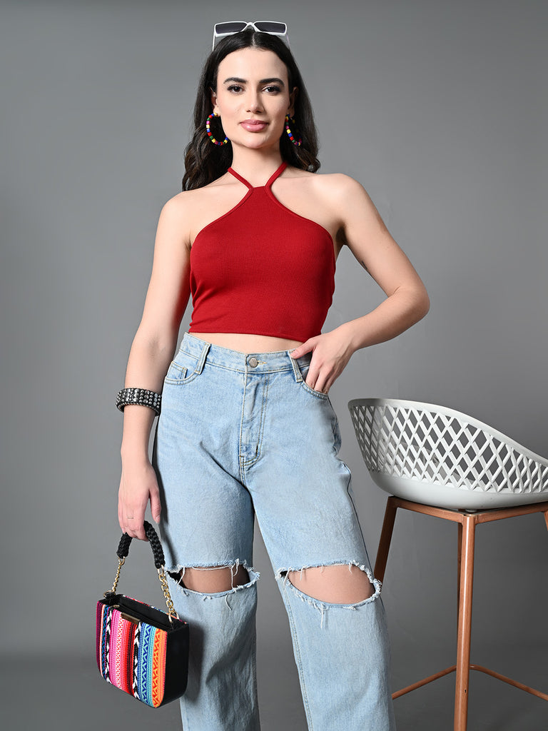 Women's Maroon Ribbed Solid Casual Top