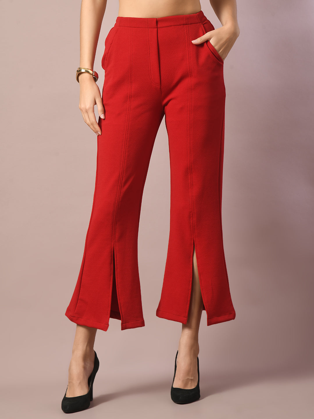 Women's  Red Solid Party Parallel Trousers   - Myshka