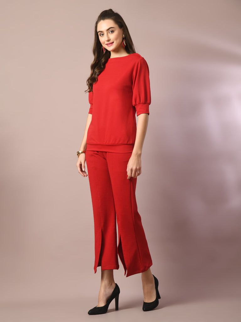 Women's  Red Solid Party Parallel Trousers