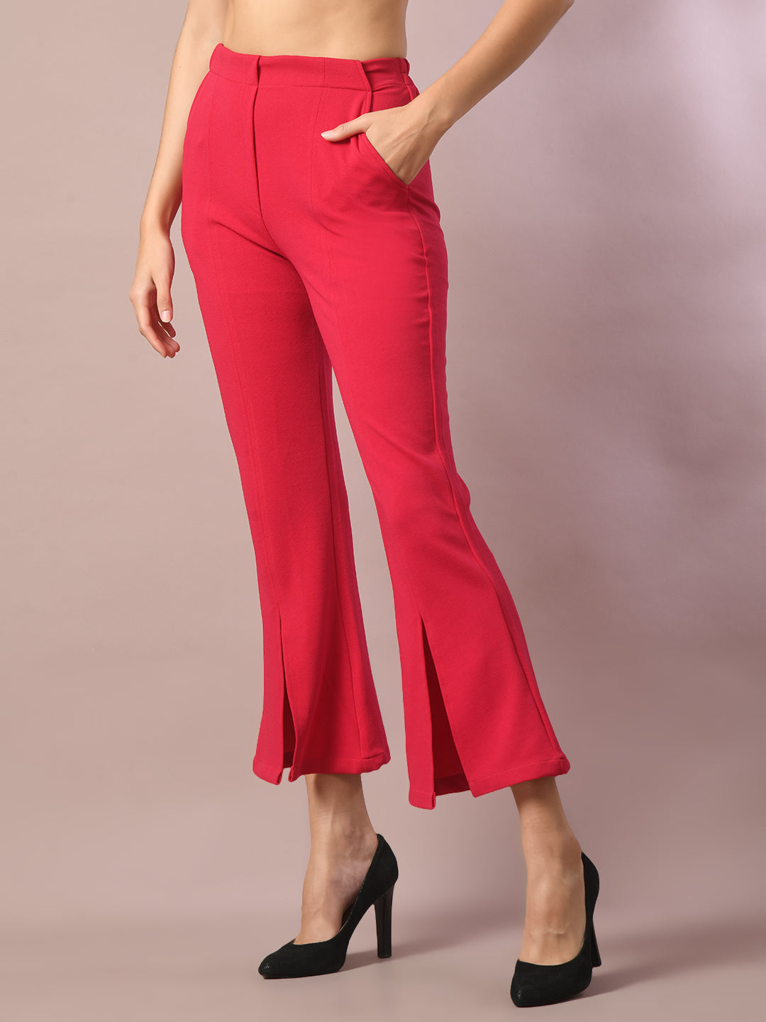 Women's  Pink Solid Party Parallel Trousers   - Myshka