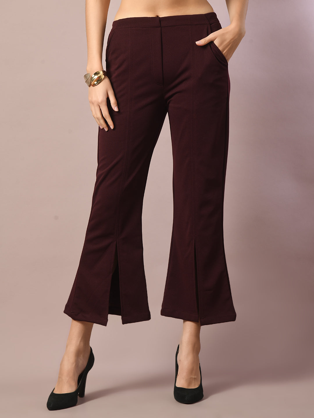 Women's  Coffee Brown Solid Party Parallel Trousers   - Myshka