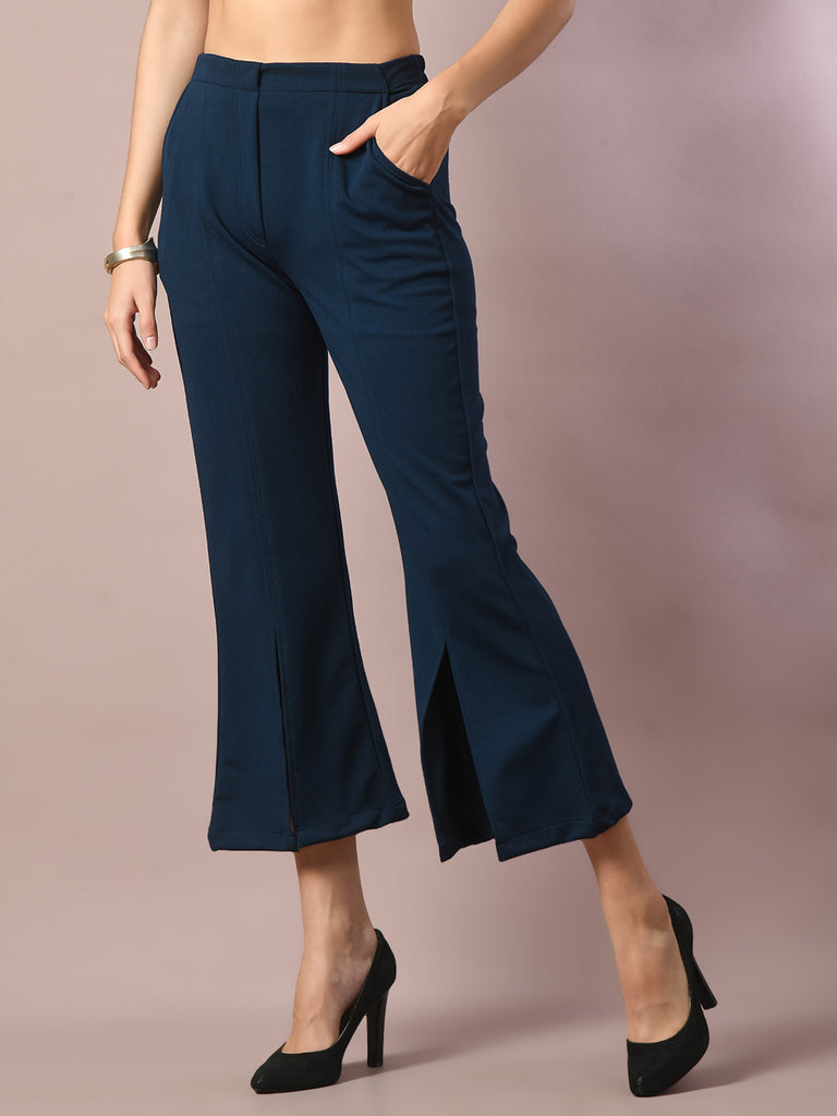 Women's  Blue Solid Party Parallel Trousers