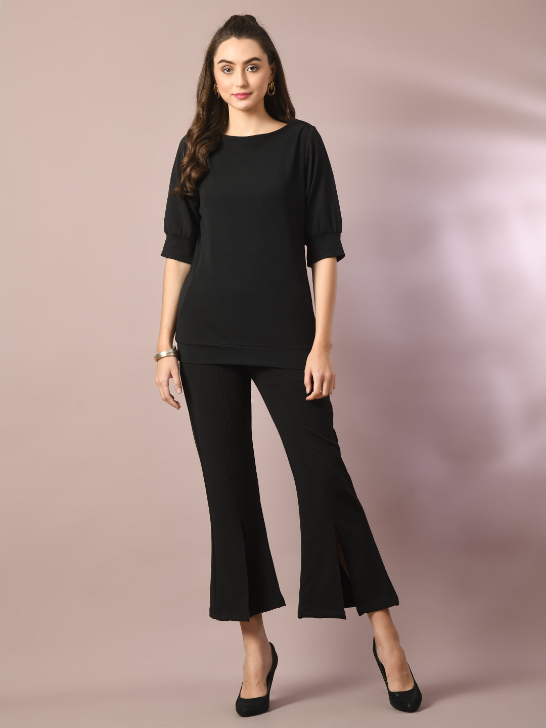 Women's  Black Solid Party Parallel Trousers   - Myshka
