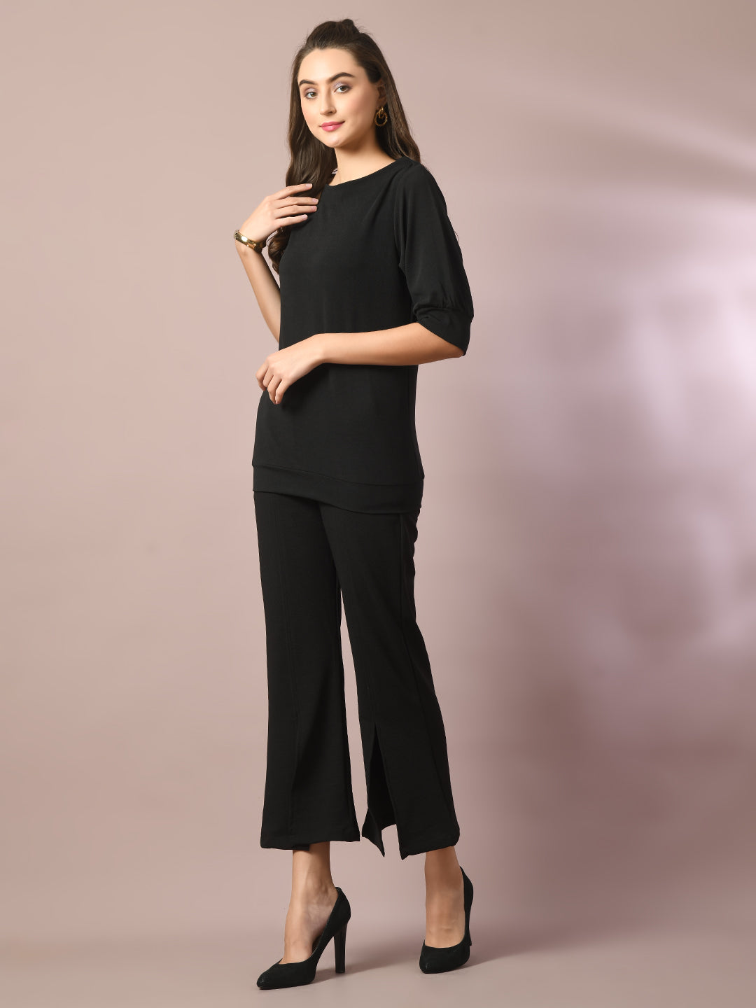 Women's  Black Solid Party Parallel Trousers   - Myshka