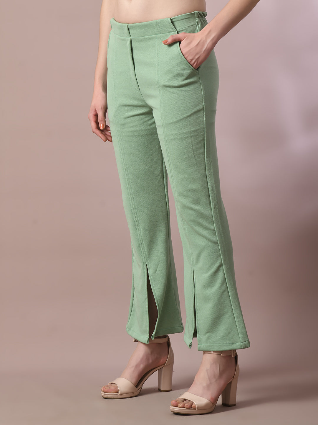 Women's  Sea Green Solid Party Parallel Trousers   - Myshka