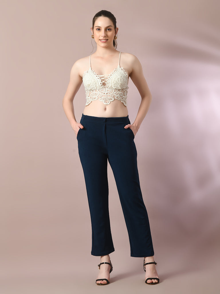 Women's Navy Blue Solid Party Straight Trousers