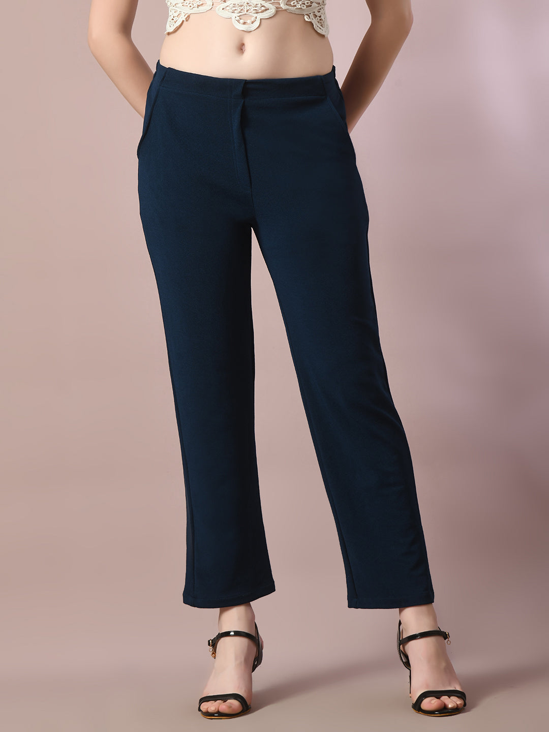 Women's Navy Blue Solid Party Straight Trousers - Myshka
