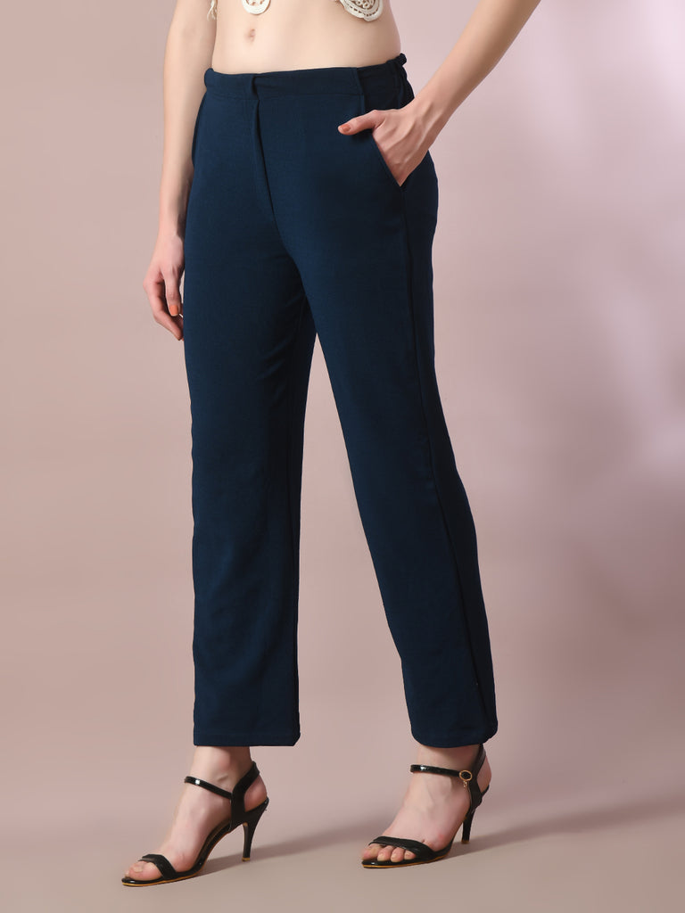 Women's Navy Blue Solid Party Straight Trousers