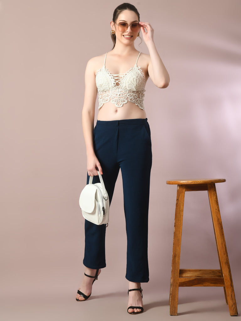 Women's Navy Blue Solid Party Straight Trousers