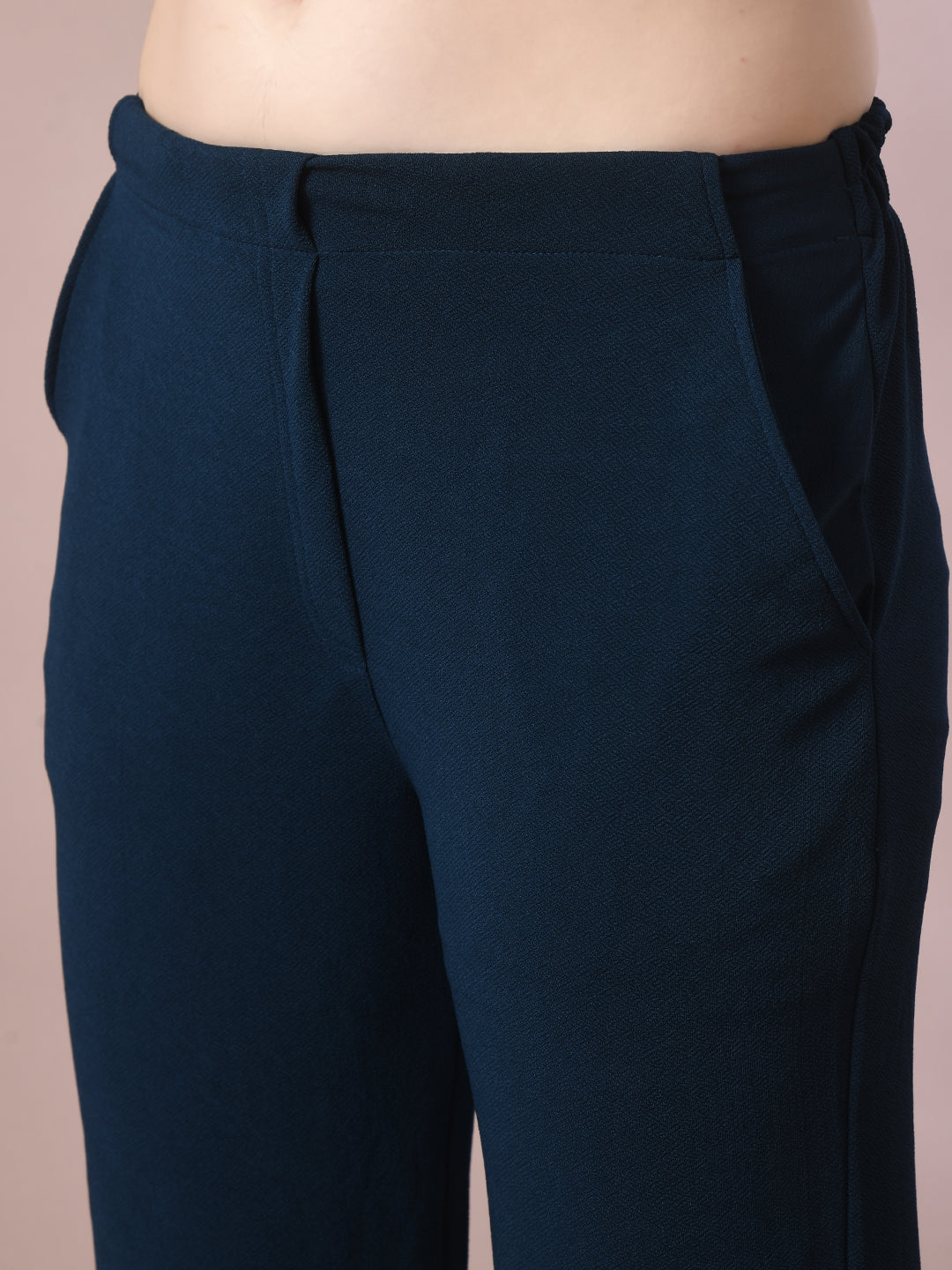 Women's Navy Blue Solid Party Straight Trousers - Myshka