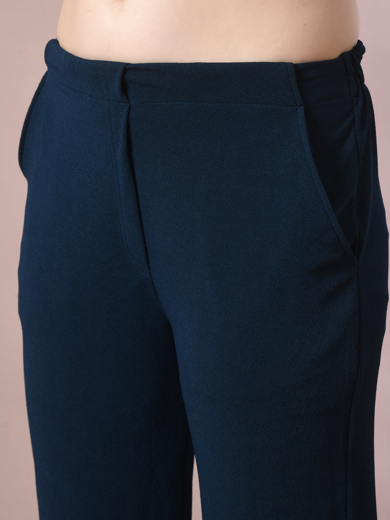 Women's Navy Blue Solid Party Straight Trousers