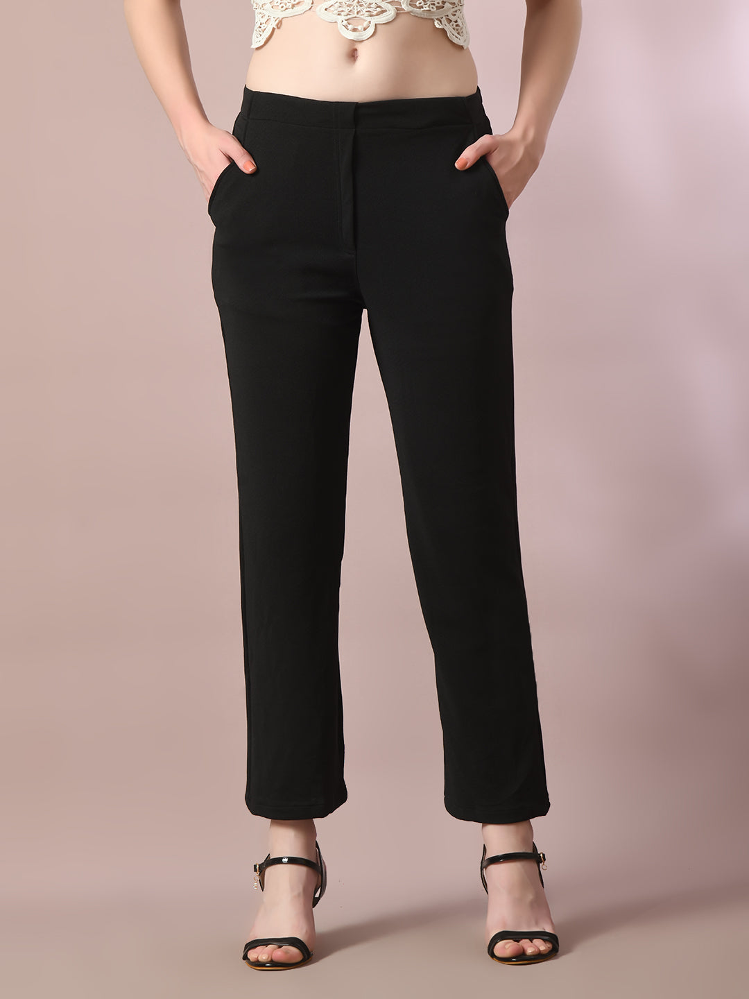 Women's Black Solid Party Straight Trousers