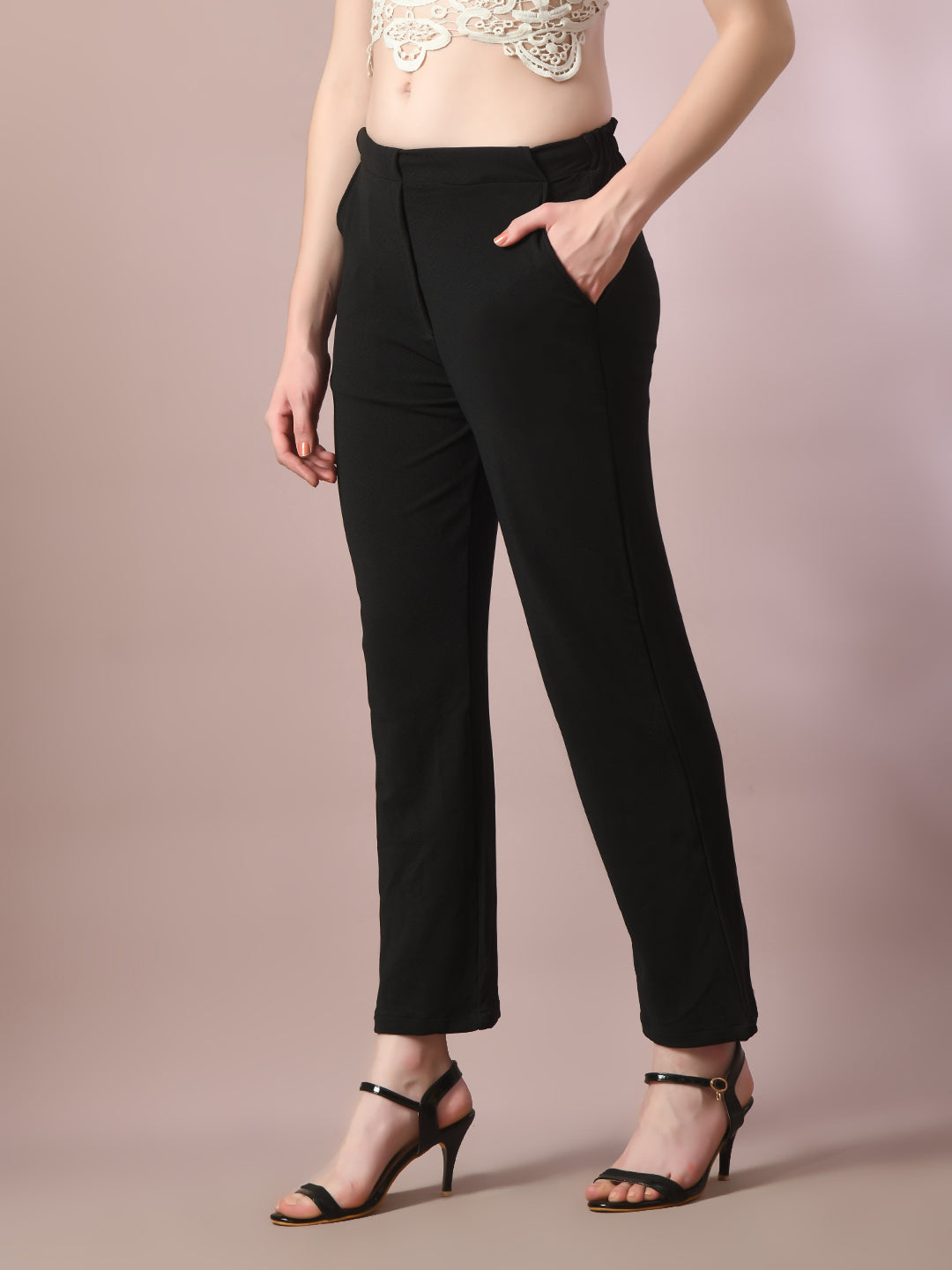 Women's Black Solid Party Straight Trousers