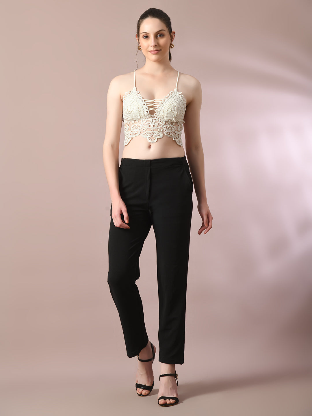 Women's Black Solid Party Straight Trousers
