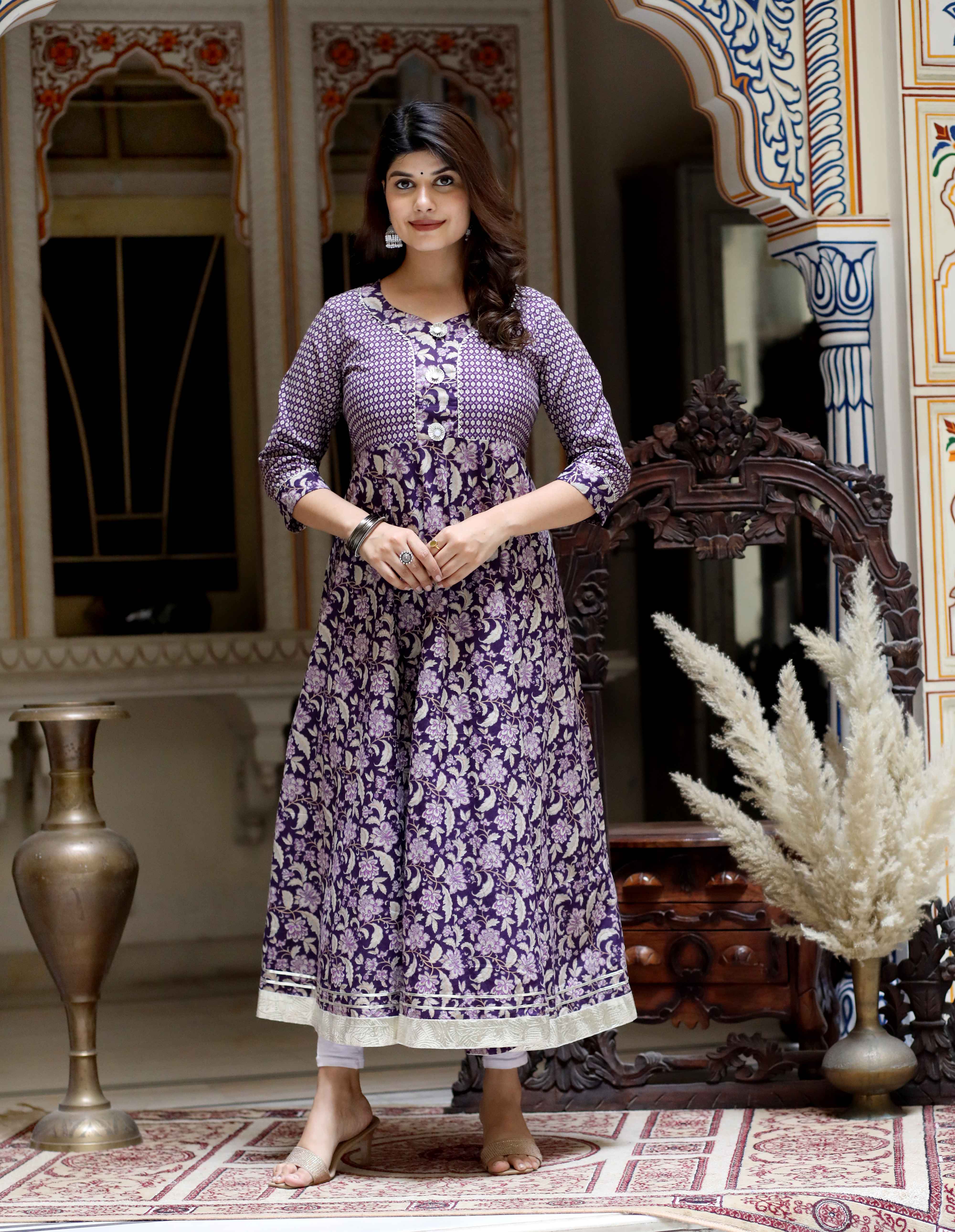 Women's Purple Cotton Floral Gota Lace Work Anarkali Kurta - Doriyaan